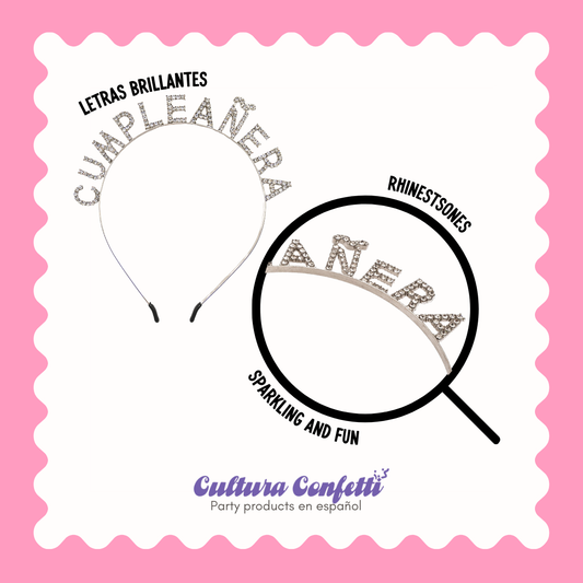 Cumpleañera Birthday Bundle in Silver – Rhinestone Headband & Matching Sash, Set de Cumpleaños con Diadema de Diamantes y Banda – Perfect for the Birthday Queen