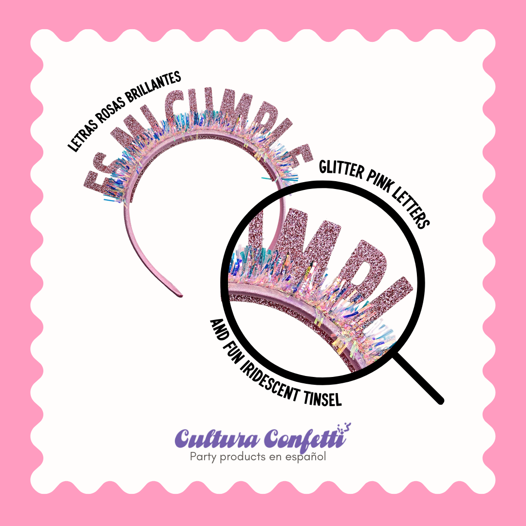 Es Mi Cumple Glitter Pink Birthday Headband Diadema Rosa Brillante "Es Mi Cumple" para Cumpleaños
