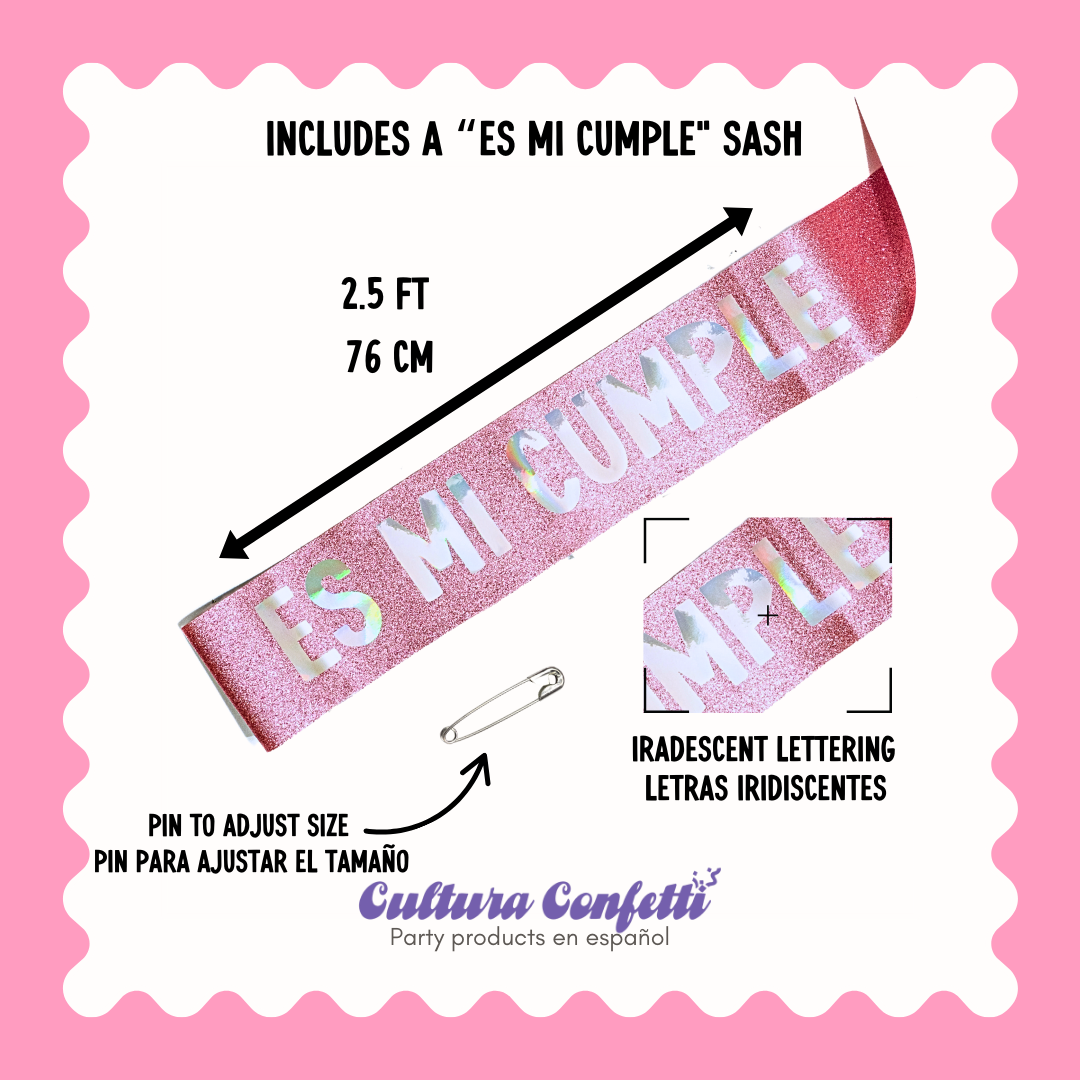 Es Mi Cumple Bundle – Glitter Pink Birthday Headband & Sash / Conjunto "It's my Birthday" – Diadema y Banda Rosa, Birthday Girl Set, Fresita Birthday