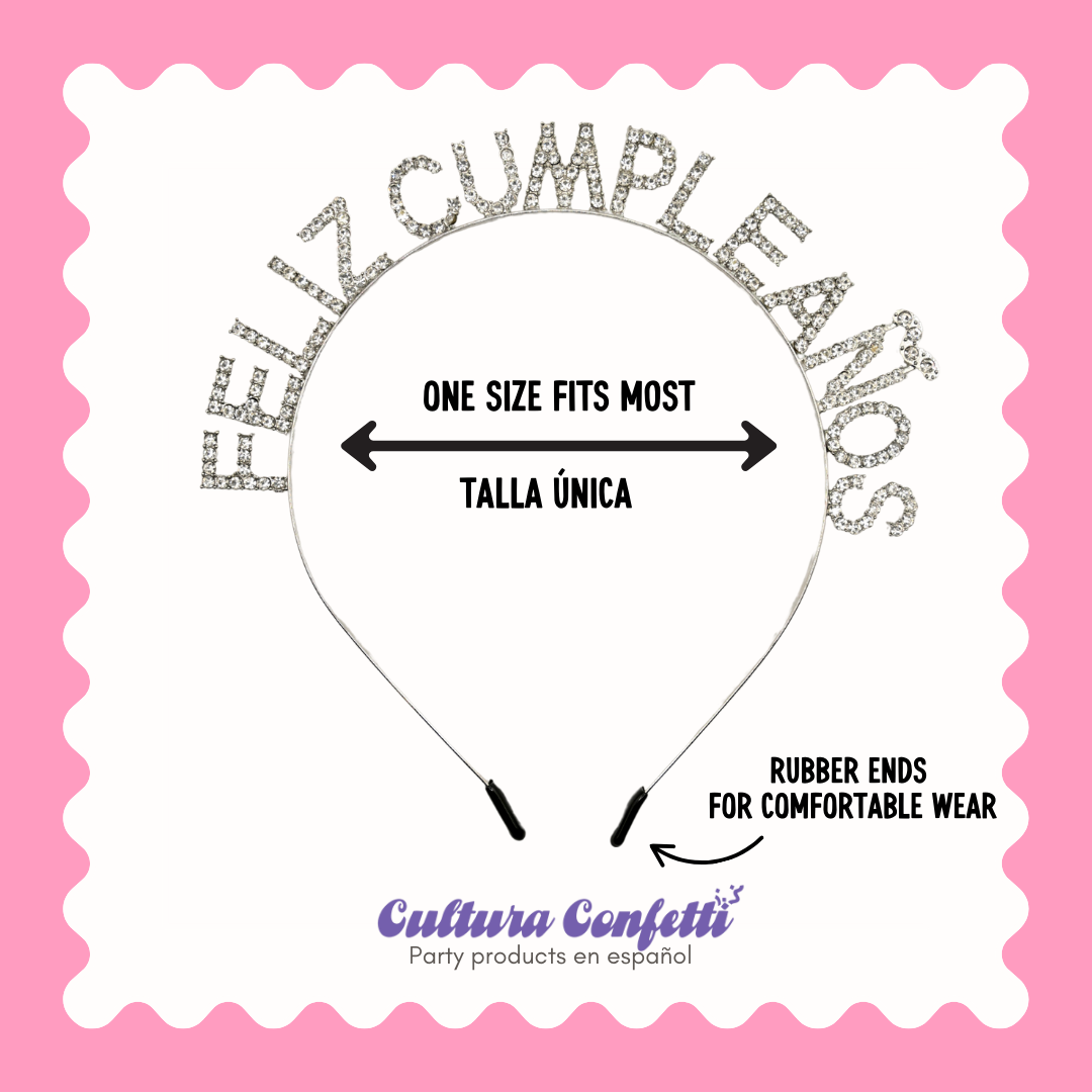 Feliz Cumpleaños Rhinestone Headband – Sparkling Birthday Headband in Silver, Gold, and Rose Gold | One Size Fits Most "Diadema de Cumpleaños Brillante en Plata, Oro y Oro Rosa | Talla Única"