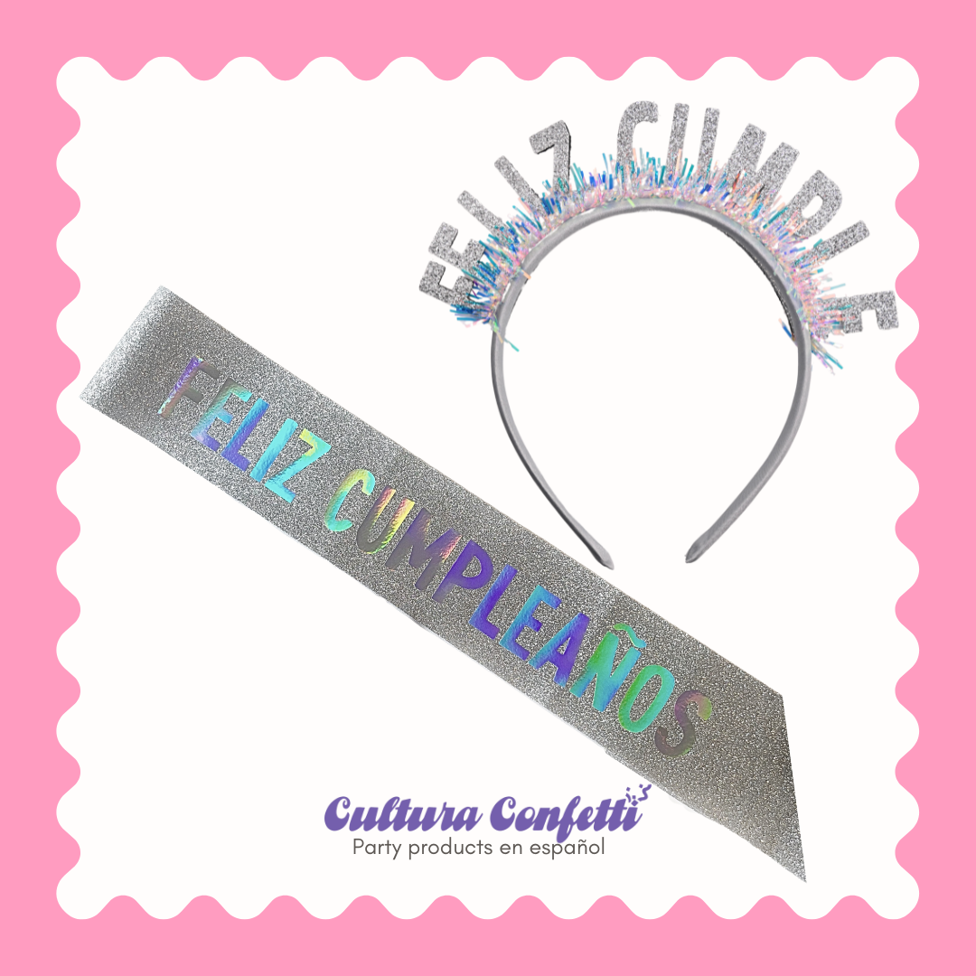 Feliz Cumple Bundle – Glitter Silver Headband & Sash Set | Perfect for Birthdays | Latina Birthday, Accesorio para Cumpleaños | Set de Diadema y Banda | Feliz Cumpleaños