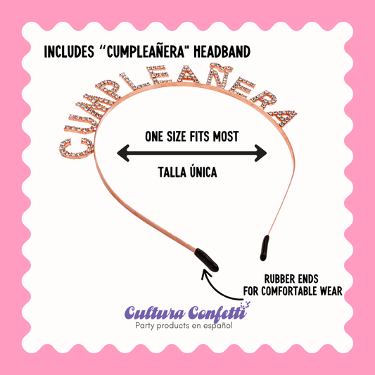 Cumpleañera Birthday Bundle in Rose Gold – Rhinestone Headband & Matching Sash, Set de Cumpleaños con Diadema de Diamantes y Banda – Perfect for the Birthday Queen