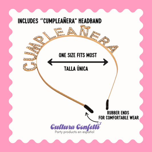Cumpleañera Birthday Bundle in Gold – Rhinestone Headband & Matching Sash, Set de Cumpleaños con Diadema de Diamantes y Banda – Perfect for the Birthday Girl