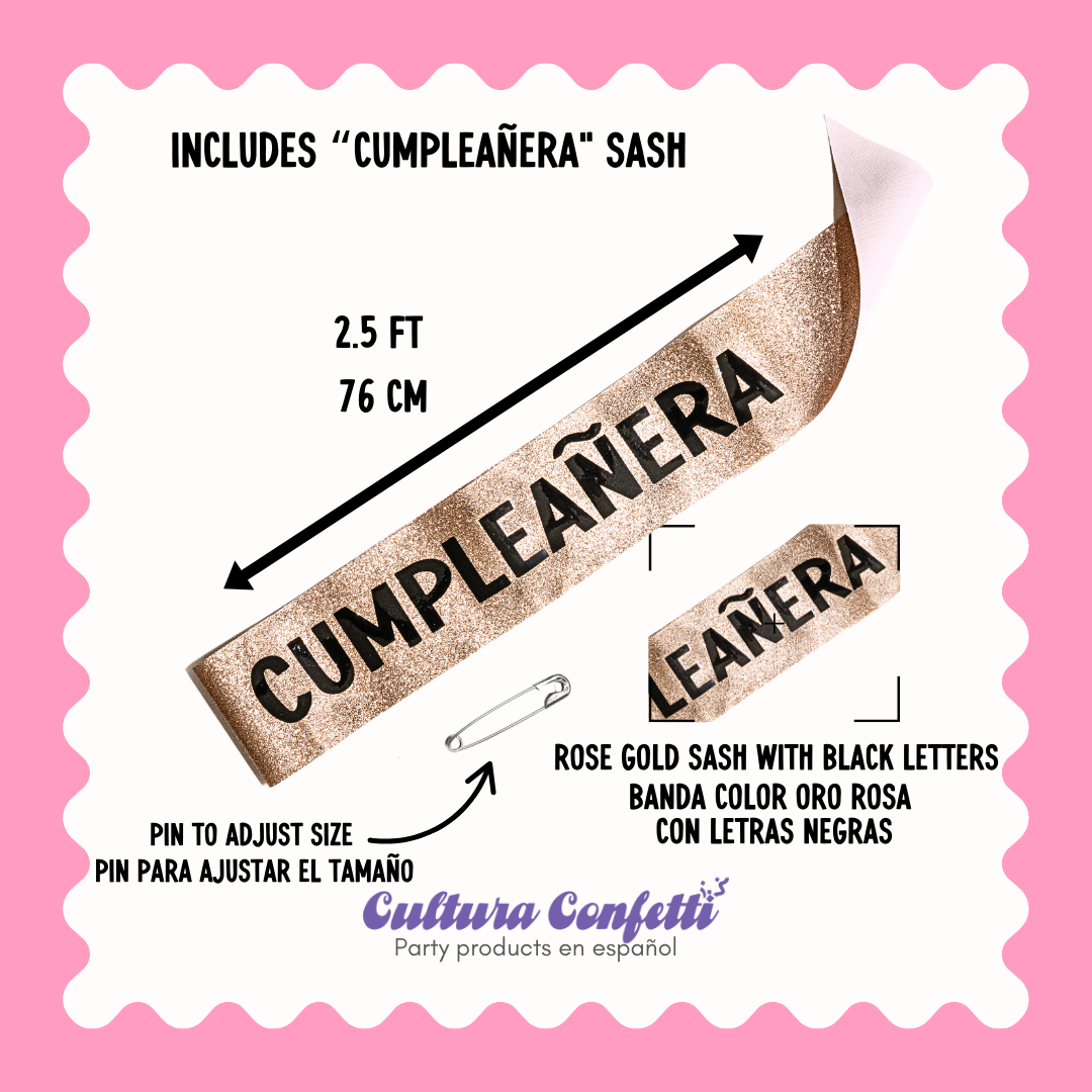 Cumpleañera Birthday Bundle in Rose Gold – Rhinestone Headband & Matching Sash, Set de Cumpleaños con Diadema de Diamantes y Banda – Perfect for the Birthday Queen