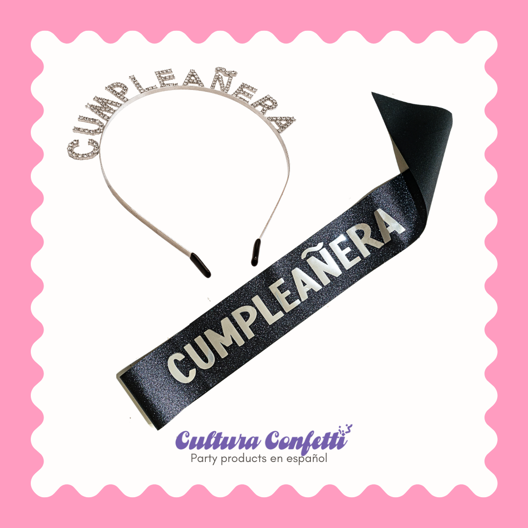 Cumpleañera Birthday Bundle in Silver – Rhinestone Headband & Matching Sash, Set de Cumpleaños con Diadema de Diamantes y Banda – Perfect for the Birthday Queen