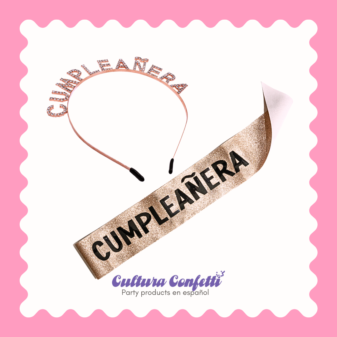 Cumpleañera Birthday Bundle in Rose Gold – Rhinestone Headband & Matching Sash, Set de Cumpleaños con Diadema de Diamantes y Banda – Perfect for the Birthday Queen