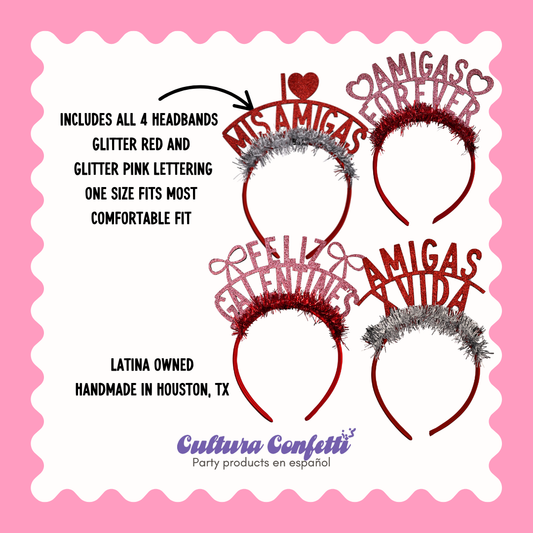 Galentine’s Collection – 4 Pack Party Headbands for Latinas | Handmade Galentine’s Day Decor